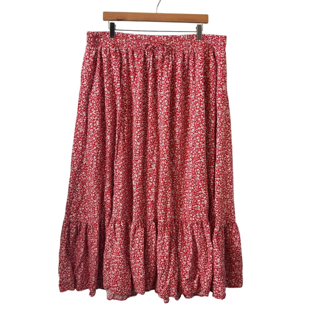 Torrid Maxi Skirt Women’s Size 3X Red Ditsy Floral Full Boho Pull On Feminine
